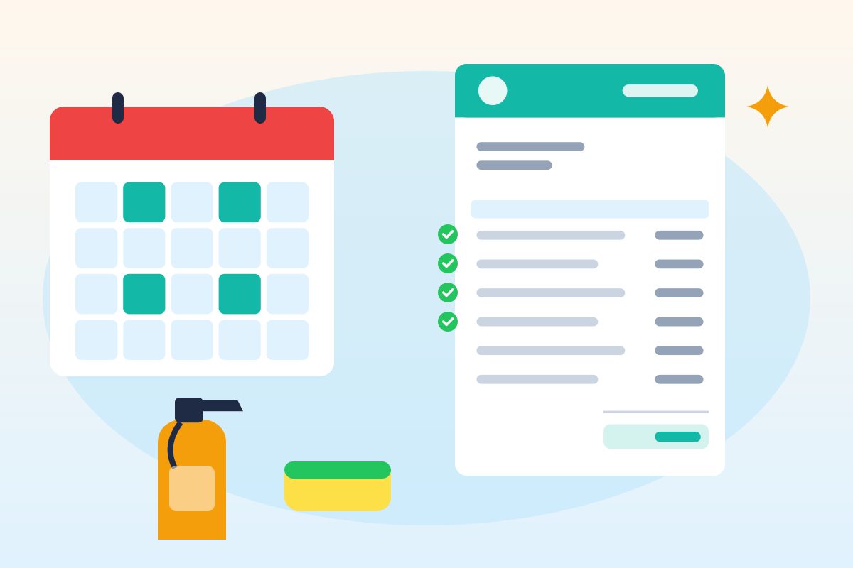 A calendar with biweekly visits marked, a spray bottle and sponge, and an invoice listing several visits with check marks
