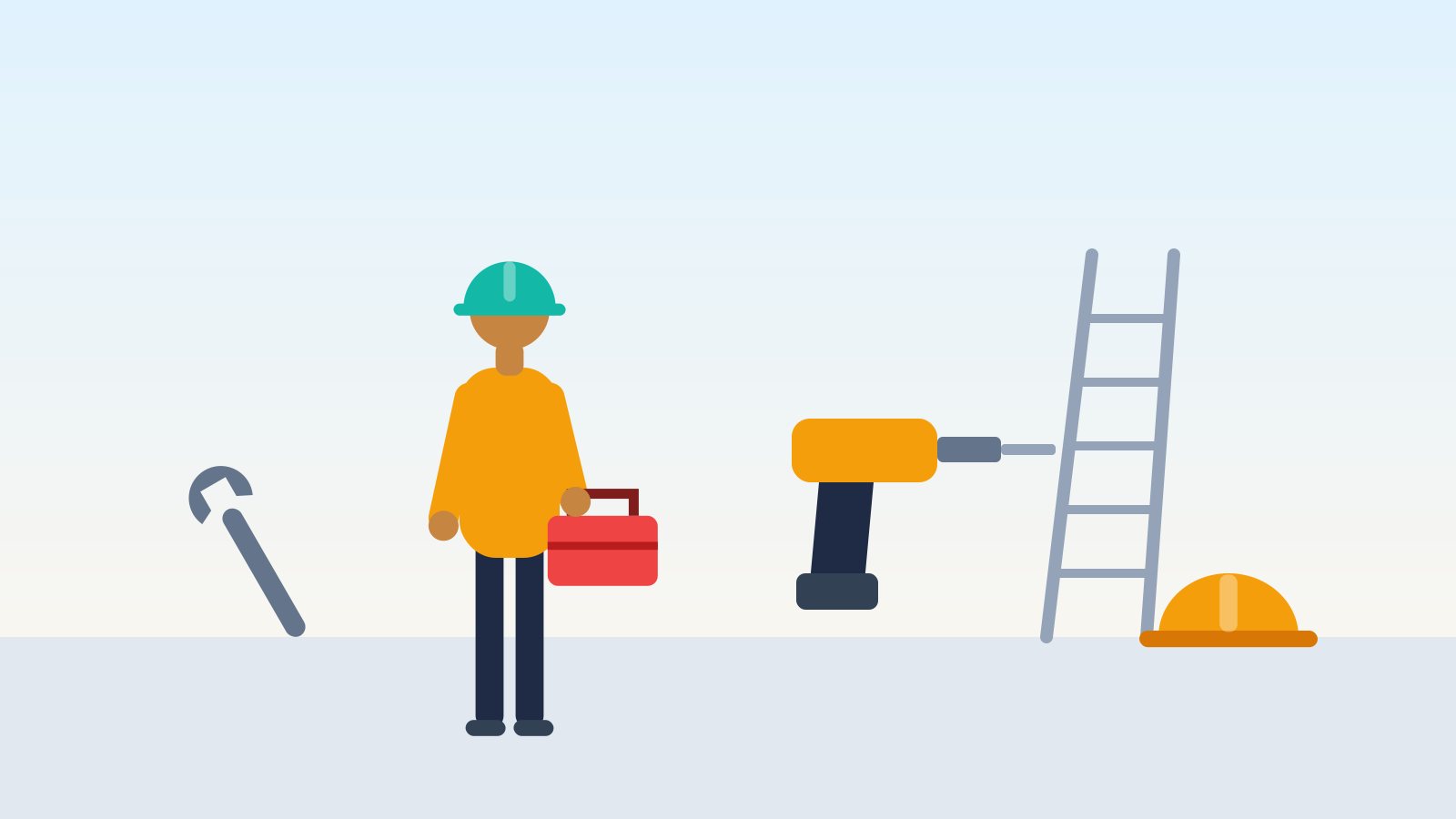 Flat illustration of a handyman with a drill and ladder beside a work van and a house