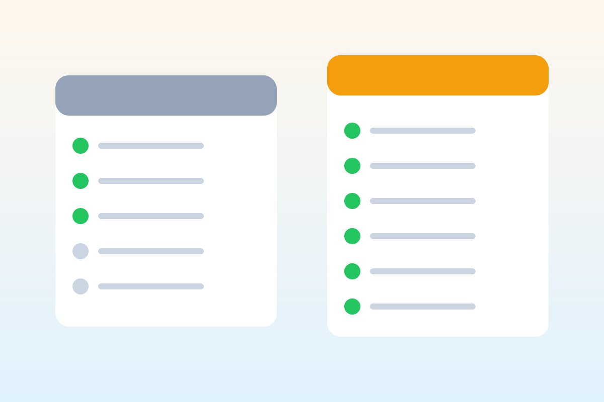 Flat illustration comparing a short free plan checklist with a longer paid plan checklist marked with green checks