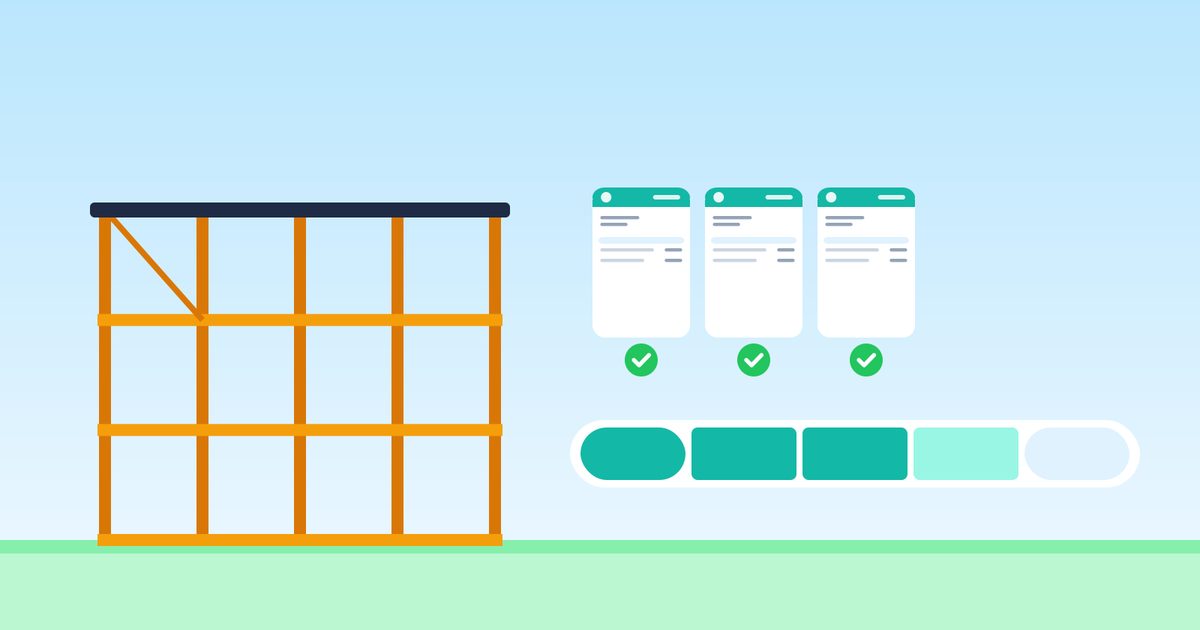 Flat illustration of a building frame under construction beside a progress bar split into stages, with small invoices above the completed stages