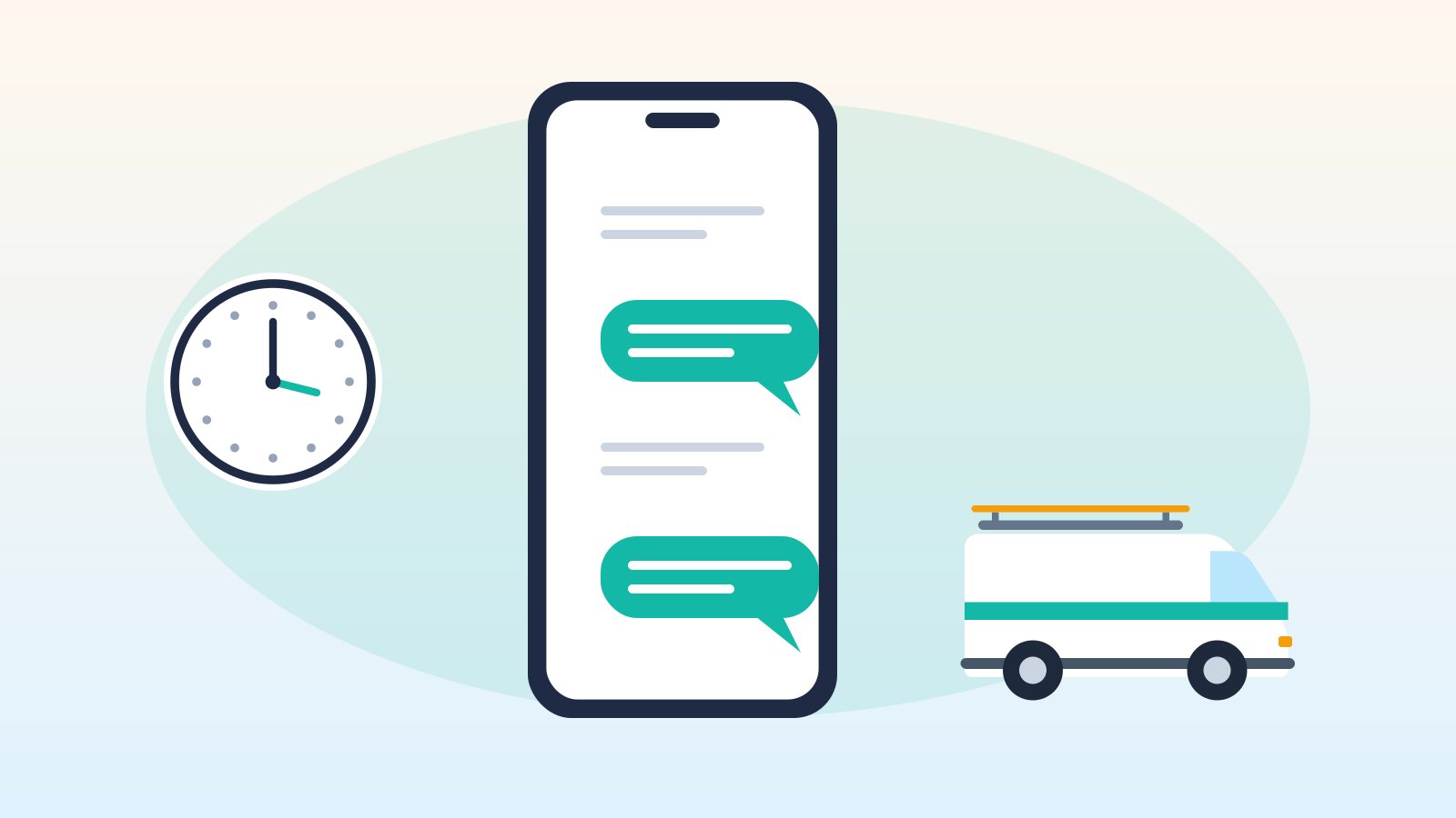Flat illustration of a smartphone with chat bubbles next to a contractor in a hard hat