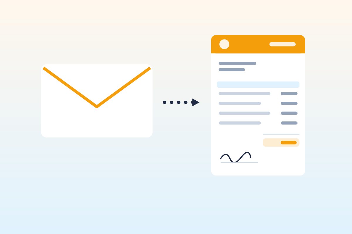 Flat illustration of an email envelope with an arrow pointing to a quote document marked with a check, representing a quote follow-up email