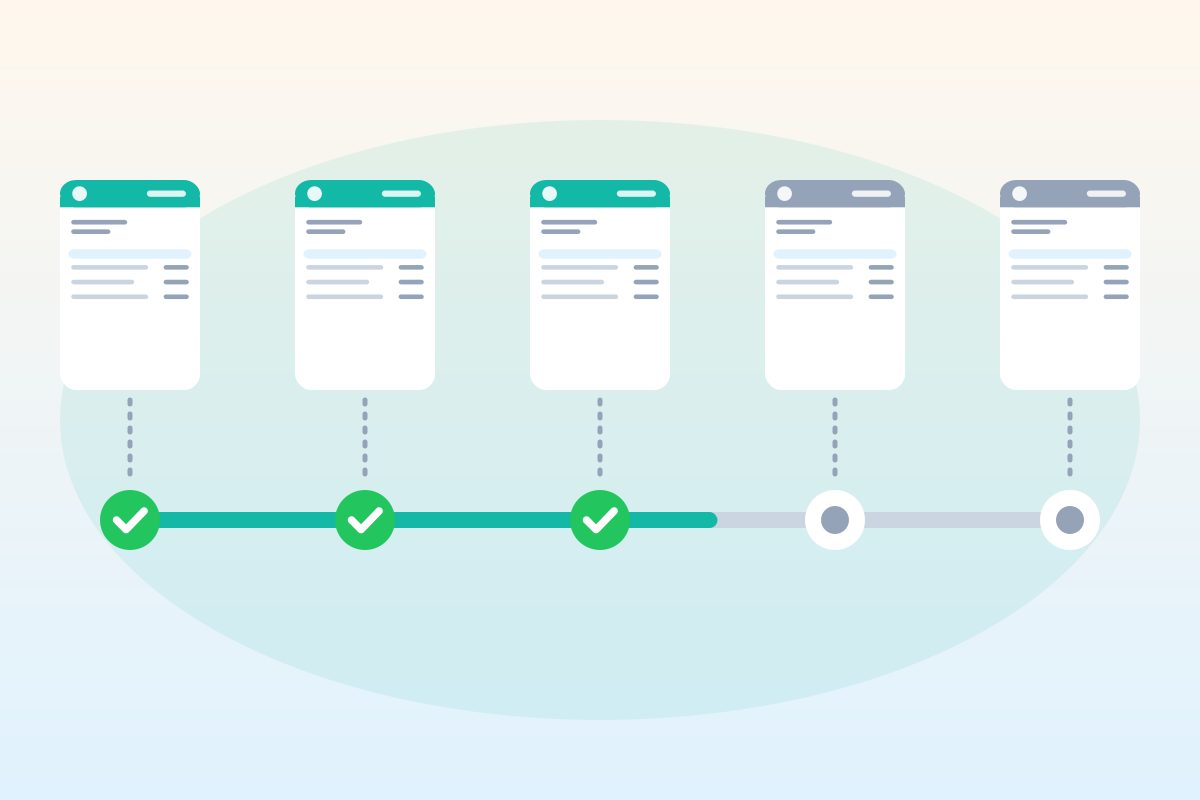 A horizontal timeline with milestone markers, each with a small invoice above it and a check mark on the completed stages