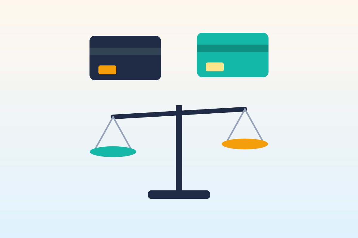 Flat illustration of two payment cards above a balance scale, representing keeping business and personal cards separate