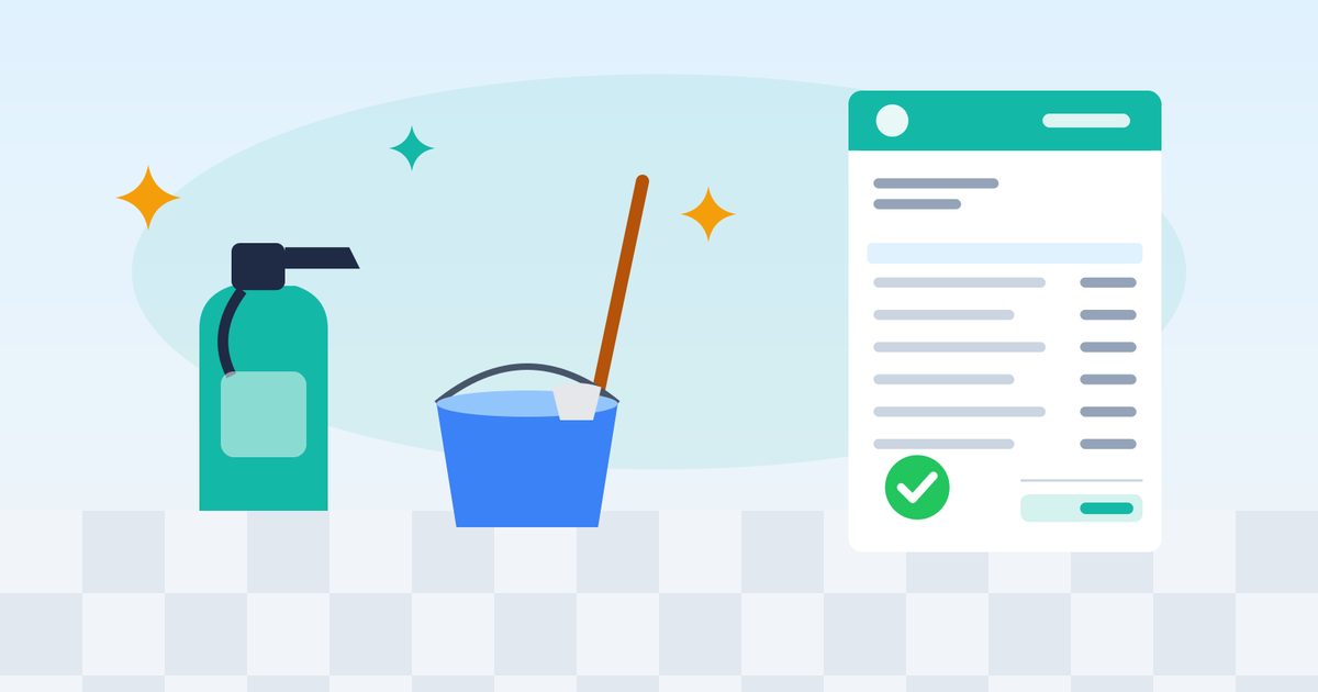 Flat illustration of a spray bottle, a bucket with a mop, sparkle shapes, and an invoice on a clean tiled floor