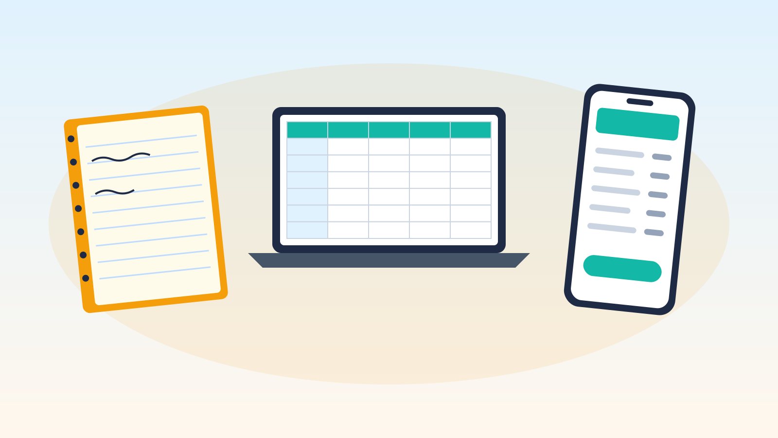 Flat illustration of a paper invoice book, a laptop with a spreadsheet grid and a smartphone with an invoice, side by side