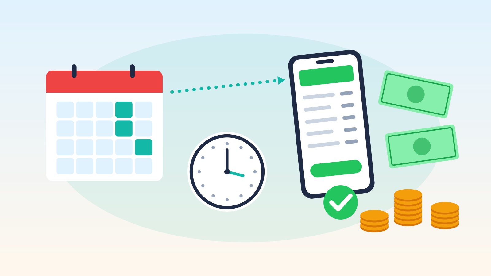 Flat illustration of a calendar, a clock, a phone showing an invoice with a green check mark, and stacks of coins and cash representing getting paid faster