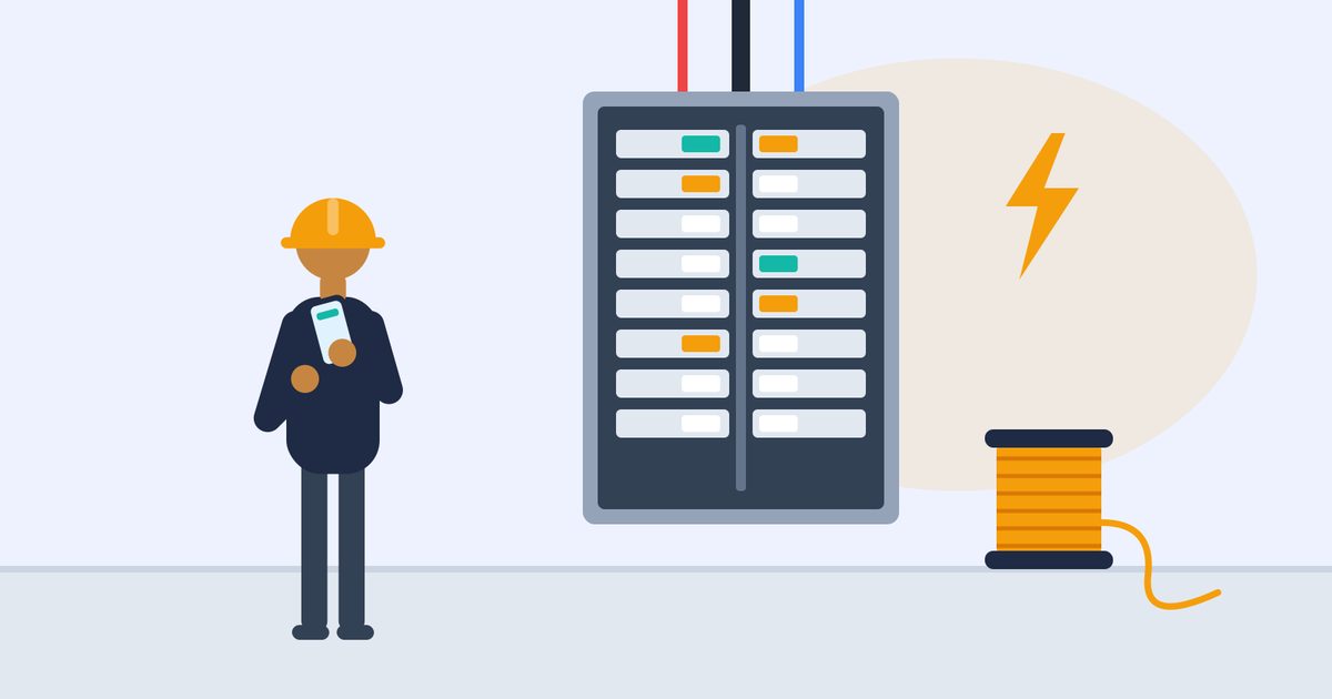 Flat illustration of an electrician in a hard hat checking a phone beside an open breaker panel, with a spool of wire and a lightning bolt accent