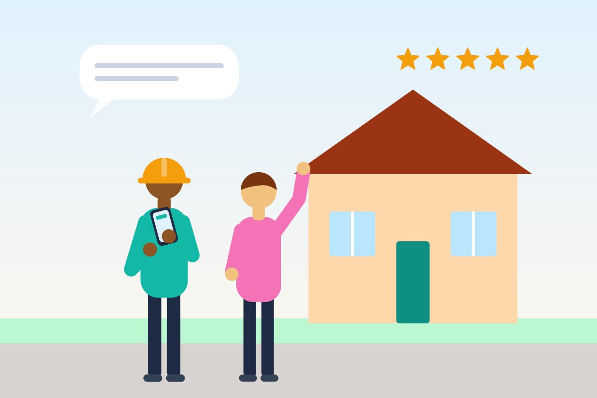 Flat illustration of a contractor holding a phone talking with a smiling homeowner in front of a house, with five stars above