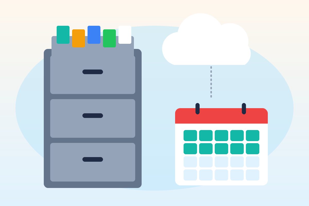 A filing cabinet with an open drawer of folders, a cloud shape above it, and a calendar with several months marked