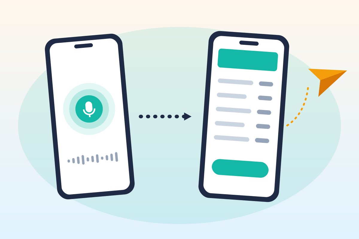 Flat illustration of two phones: one showing a microphone recording a job description, and an arrow to a second phone showing the finished invoice, with a paper plane representing sharing it