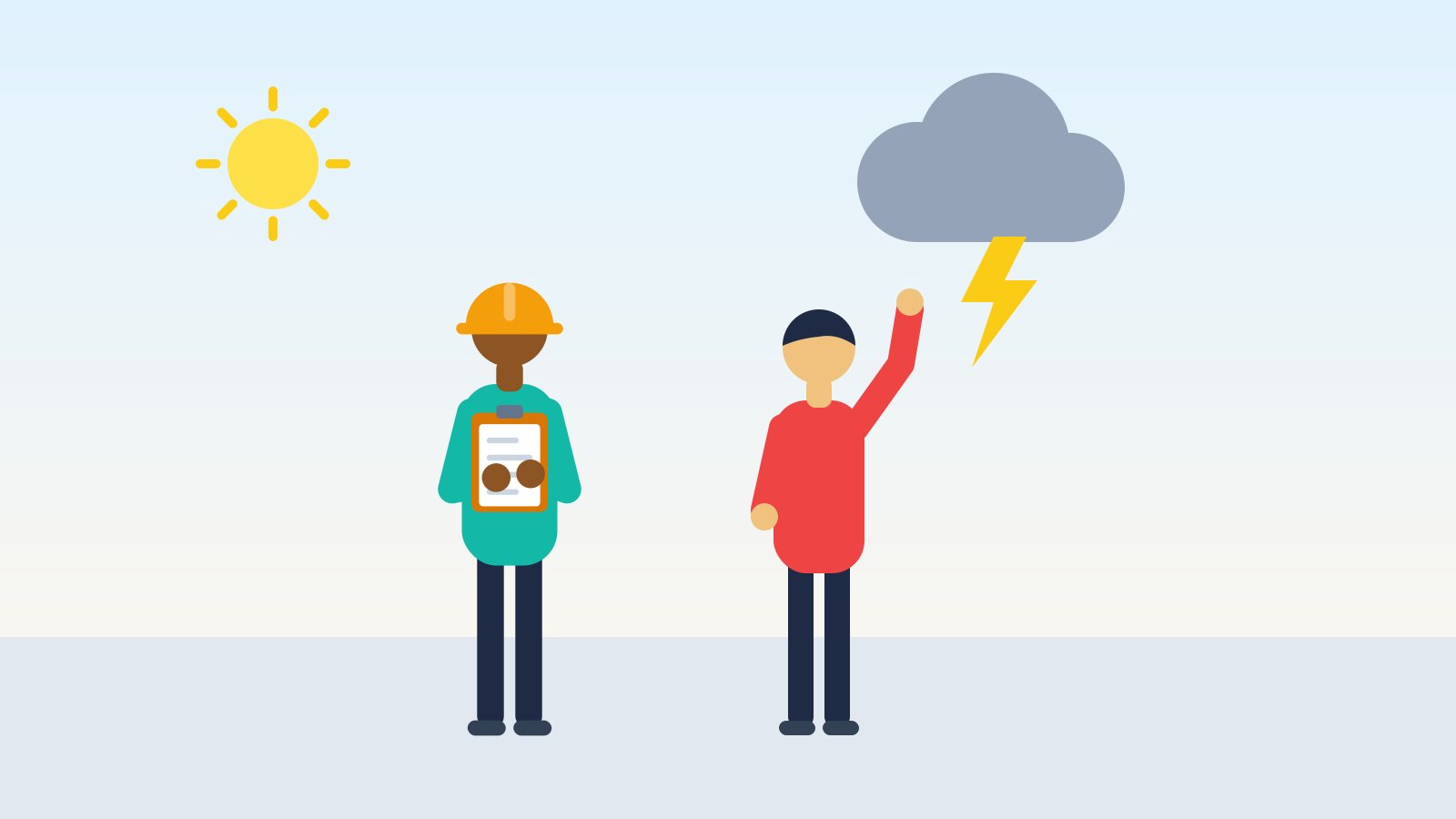Flat illustration of a contractor and a homeowner talking calmly with speech bubbles, beside a house