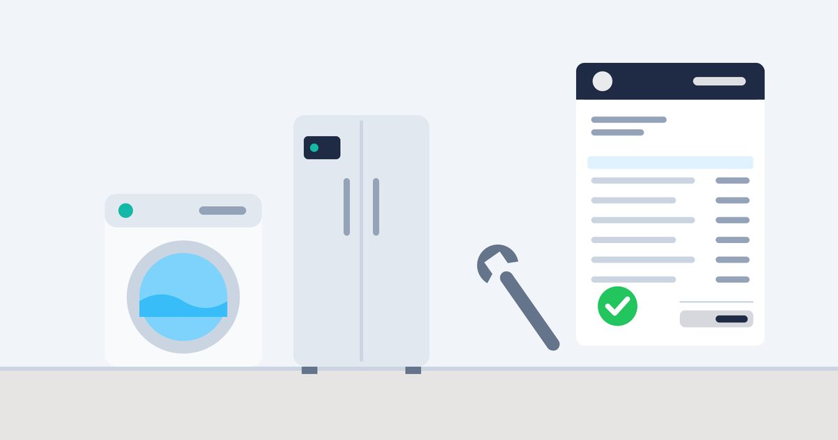 Flat illustration of a front-load washing machine and a refrigerator side by side, with a wrench and an itemized invoice in front of them