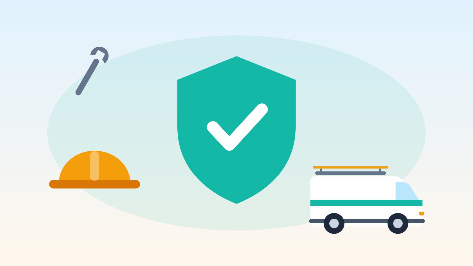Flat illustration of a large green shield with a check mark protecting a hard hat, tools and a work van
