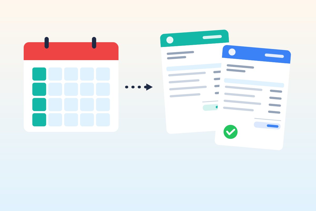 Flat illustration of a calendar with weekly marked days, an arrow and two invoices, one with a green check mark, representing a weekly bookkeeping routine