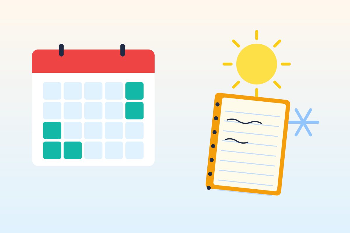 Flat illustration of a planning calendar with marked days, a sun, a snowflake and a notebook, representing off-season planning