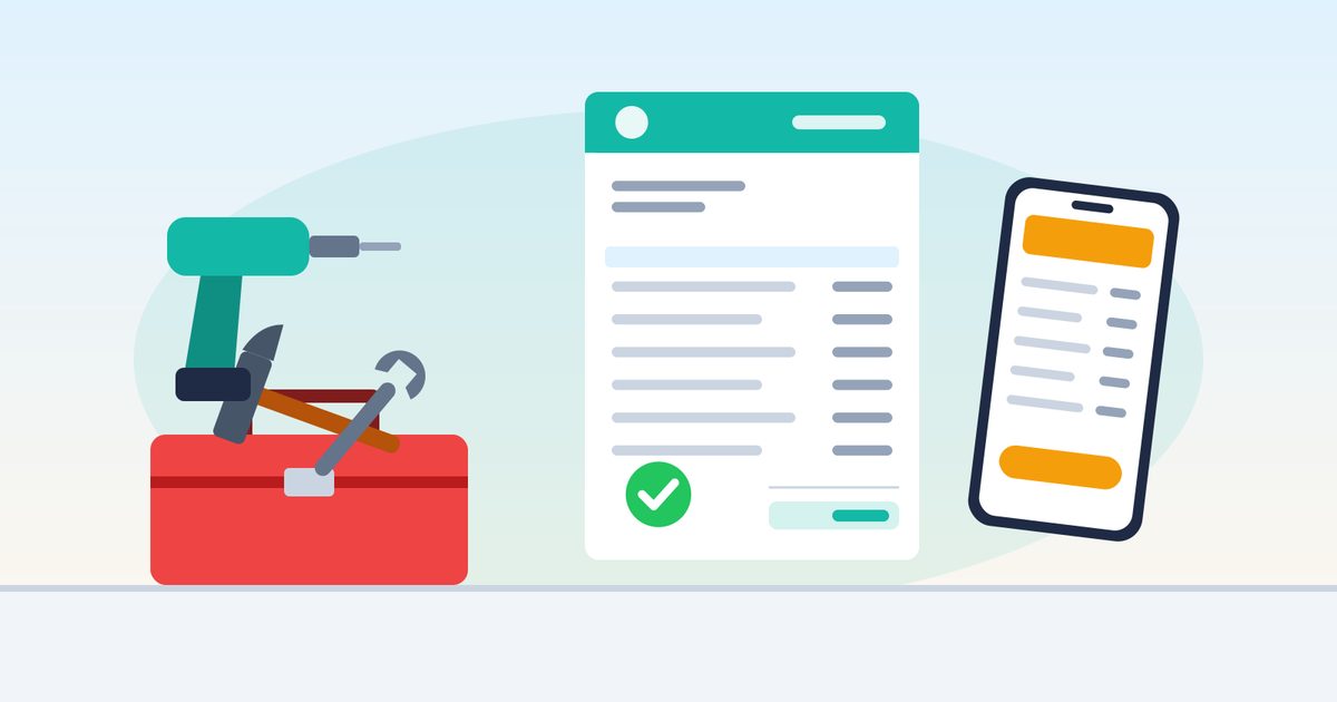 Flat illustration of an open toolbox with a hammer, wrench, and cordless drill next to an itemized invoice and a smartphone showing the same invoice