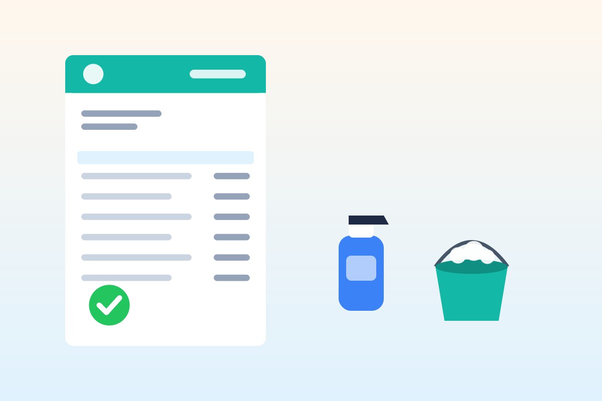 Flat illustration of a cleaning checklist with a green check mark next to a spray bottle and a bucket of suds