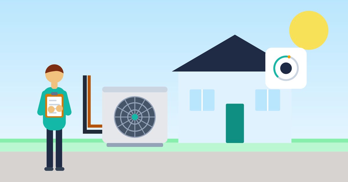 Flat illustration of an HVAC technician with a clipboard standing beside an outdoor condenser unit next to a house, with a smart thermostat icon on the wall