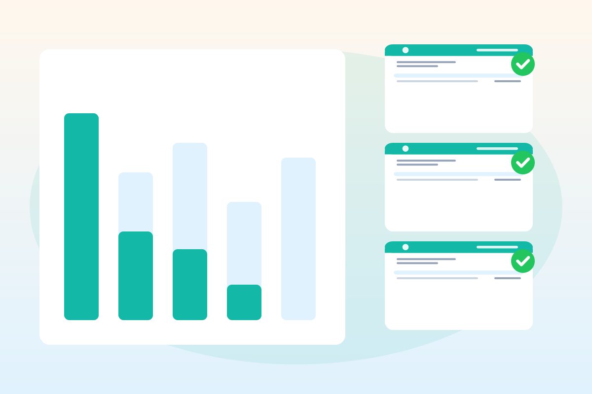 A stacked bar chart with segments partly filled in teal next to three small invoices with check marks