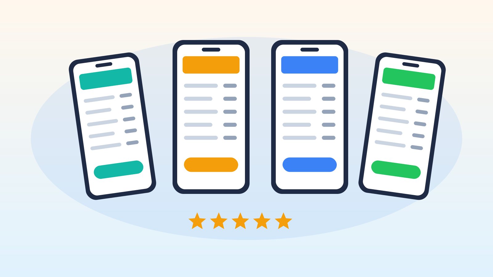Flat illustration of three smartphones side by side showing different invoice layouts, representing a comparison of invoicing apps