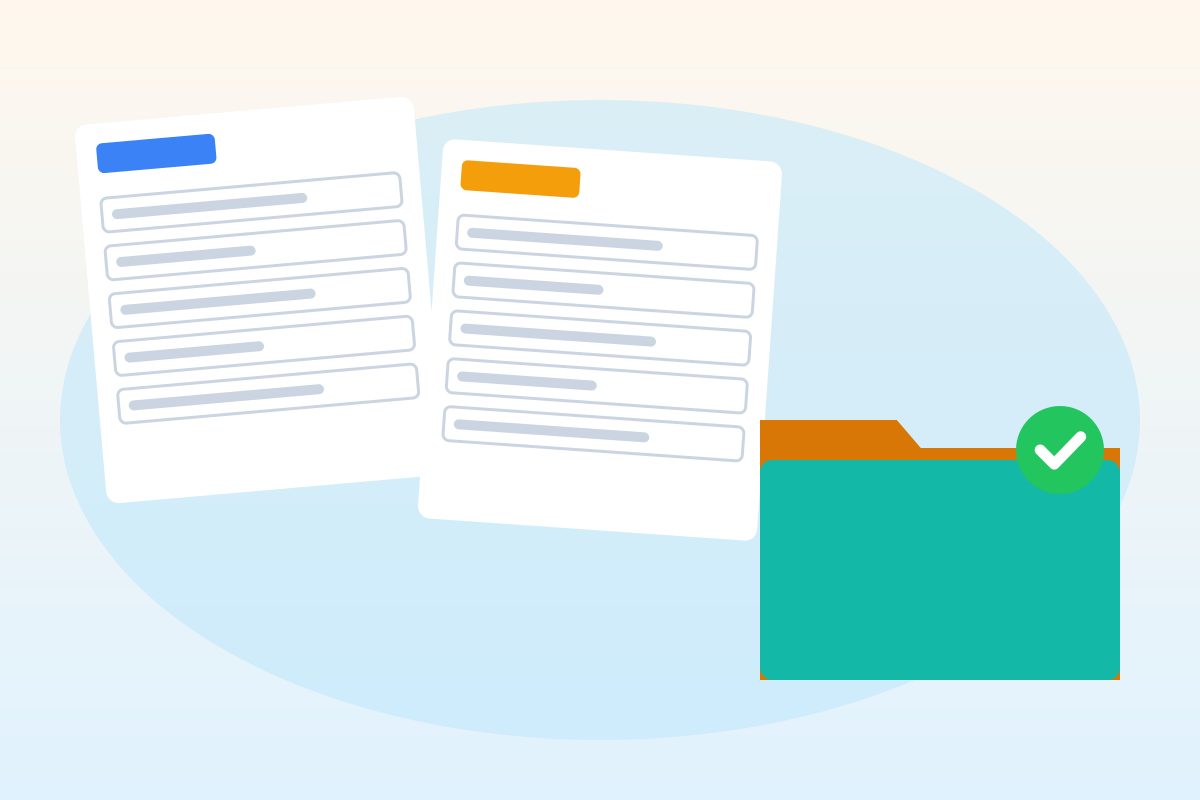A W-9 style form, a year-end 1099 style form, and a folder with a check mark, all shown as blank shapes without text