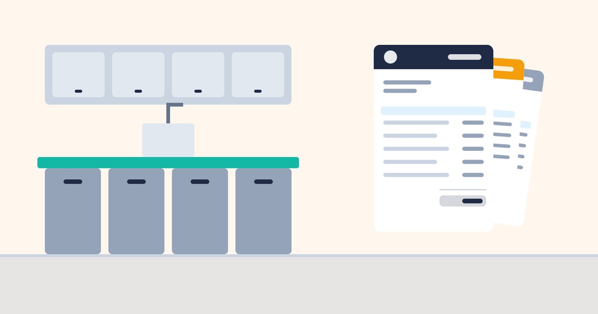 Flat illustration of a kitchen with new cabinets and a countertop, next to a main invoice with two smaller change documents stacked behind it