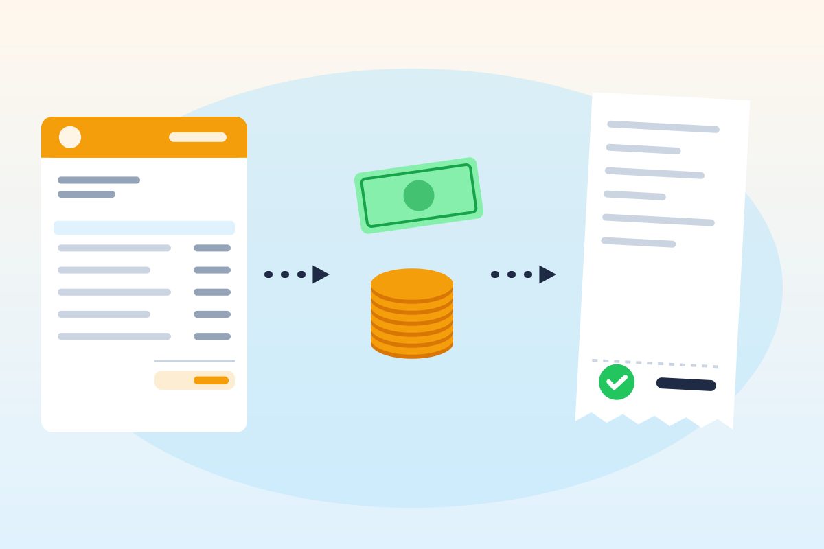 An invoice moving through an arrow to a stack of coins, then another arrow to a receipt with a green check mark