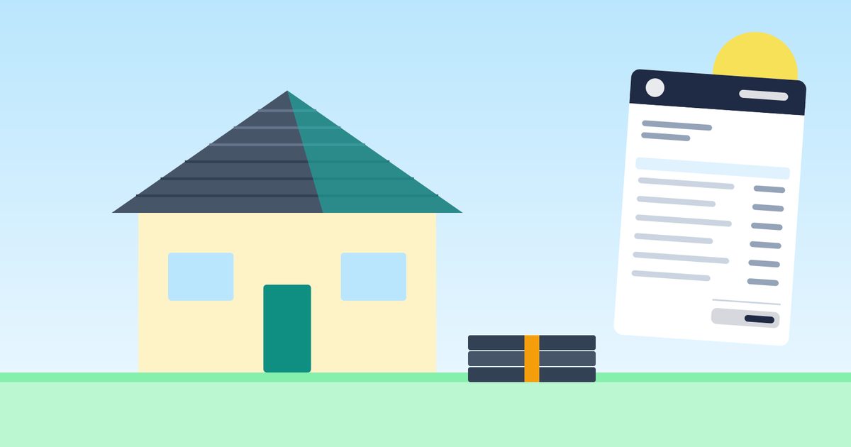 Flat illustration of a house with one section of the roof highlighted as new shingles, a bundle of shingles, and an itemized invoice beside it