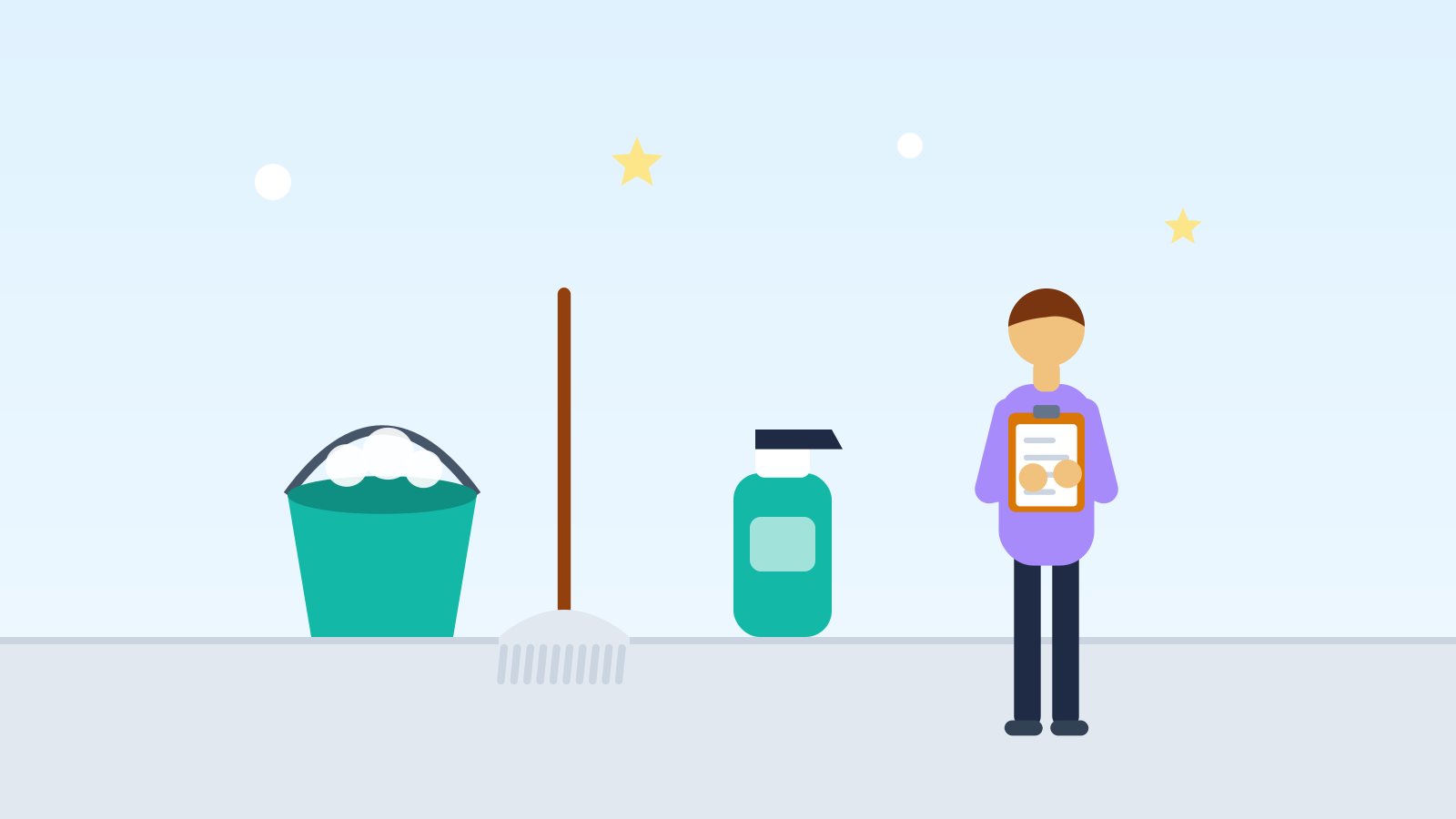 Flat illustration of cleaning supplies including a bucket, mop and spray bottle next to a cleaner holding a clipboard