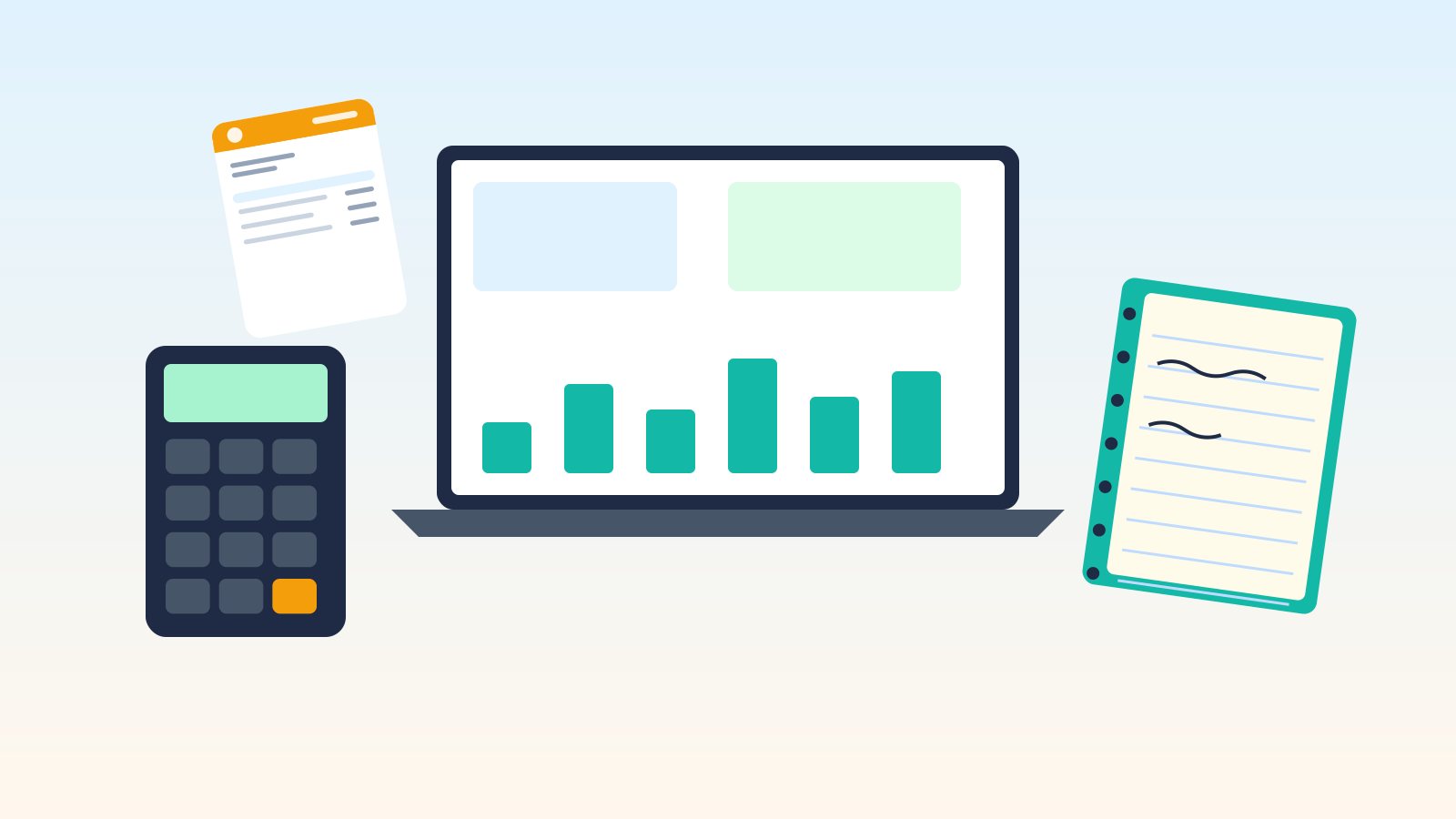 Flat illustration of a laptop showing a financial dashboard, a calculator, a notebook and a receipt, representing bookkeeping for contractors