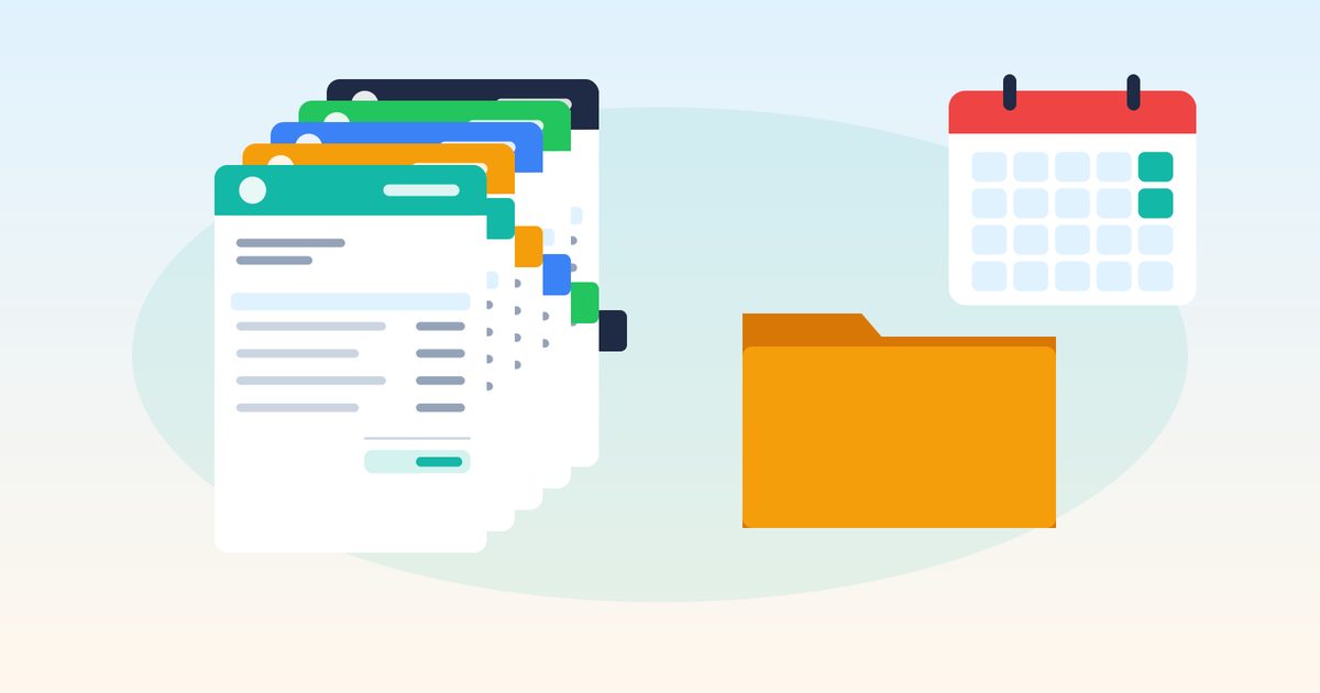 Flat illustration of a fanned stack of invoices with colored numbered-style tabs on the edges, next to a folder and a calendar