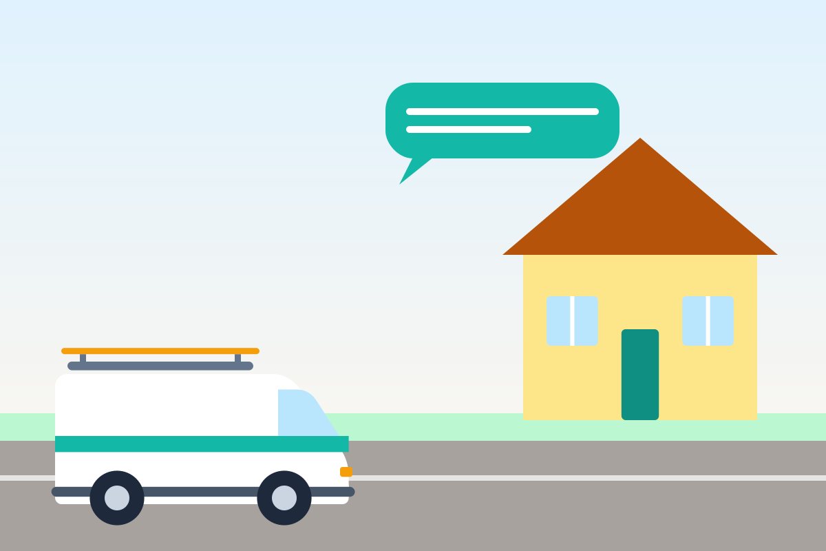 Flat illustration of a work van on a road with a phone showing a message bubble and a map pin, representing an on-my-way text