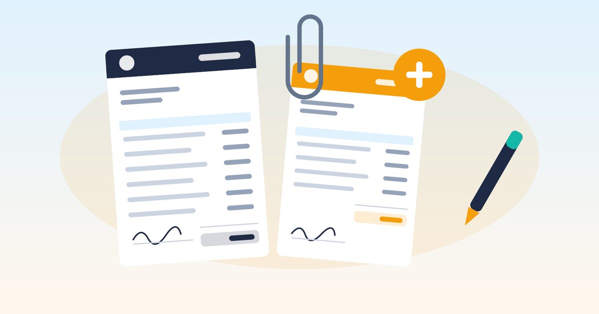 Flat illustration of a signed contract document with a second document attached by a paper clip, a plus sign badge, and a pen