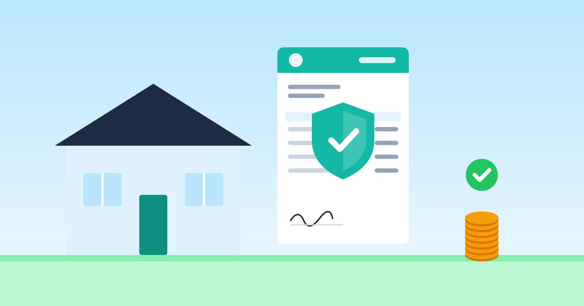 Flat illustration of a house with a document beside it showing a shield shape and a green check mark, next to a small stack of coins