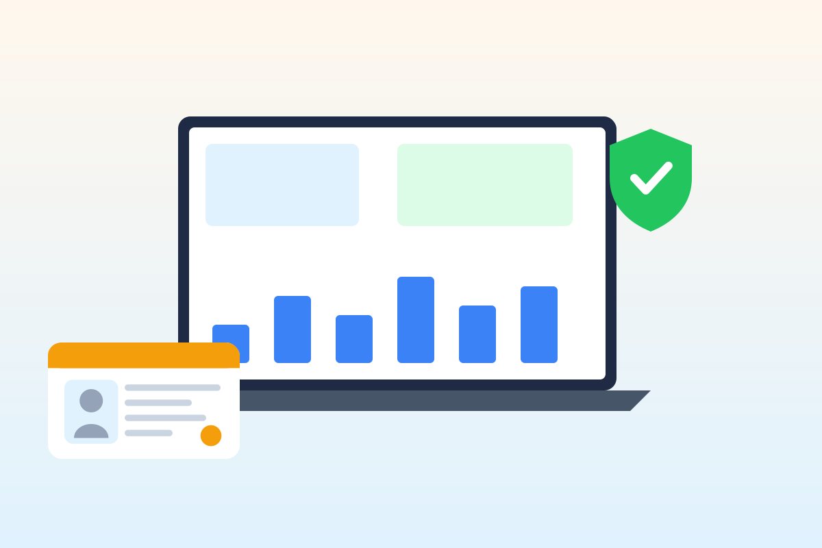 Flat illustration of a laptop showing a dashboard next to a license card and a green check shield, representing a state license lookup
