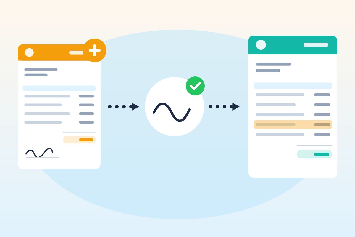 Flow from a change order document to a signature with a check mark, then an arrow to an invoice where the added line is highlighted