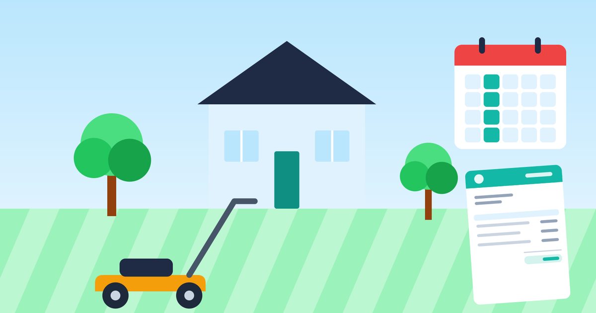 Flat illustration of a push lawn mower on a striped lawn in front of a house with trees, next to a calendar and an invoice