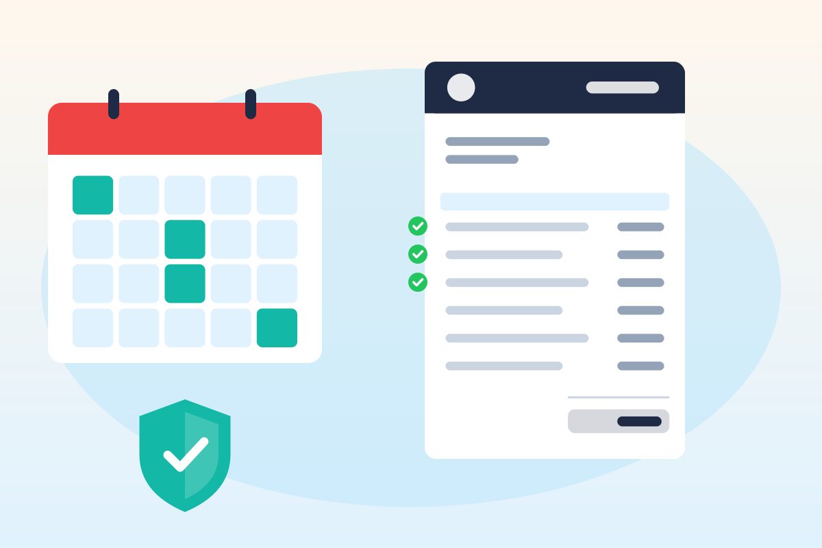 A calendar with four evenly spaced visits marked, a shield with a check mark, and an invoice listing a quarterly service