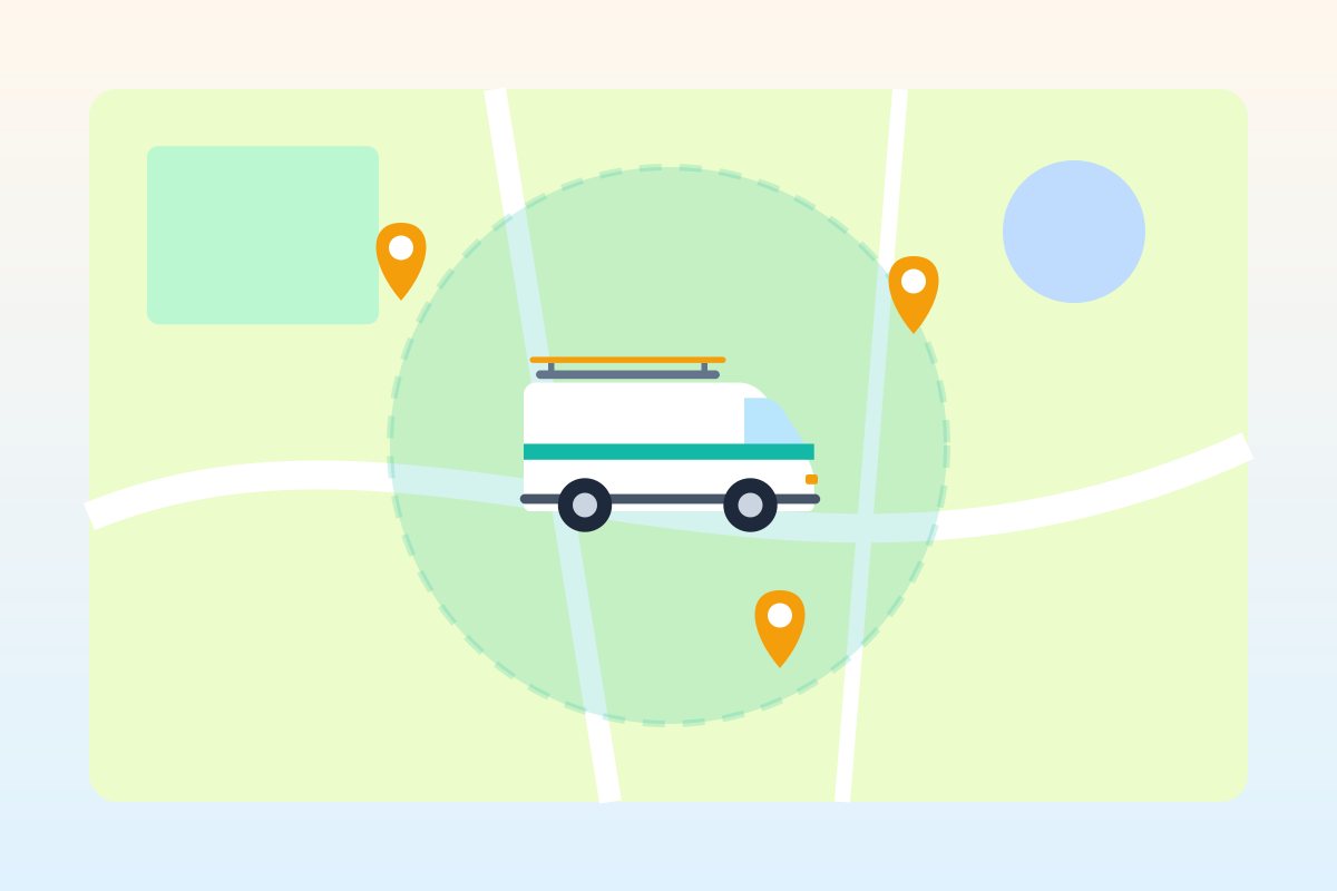 Flat illustration of a map with a dashed service-area circle around a contractor's van and several job location pins