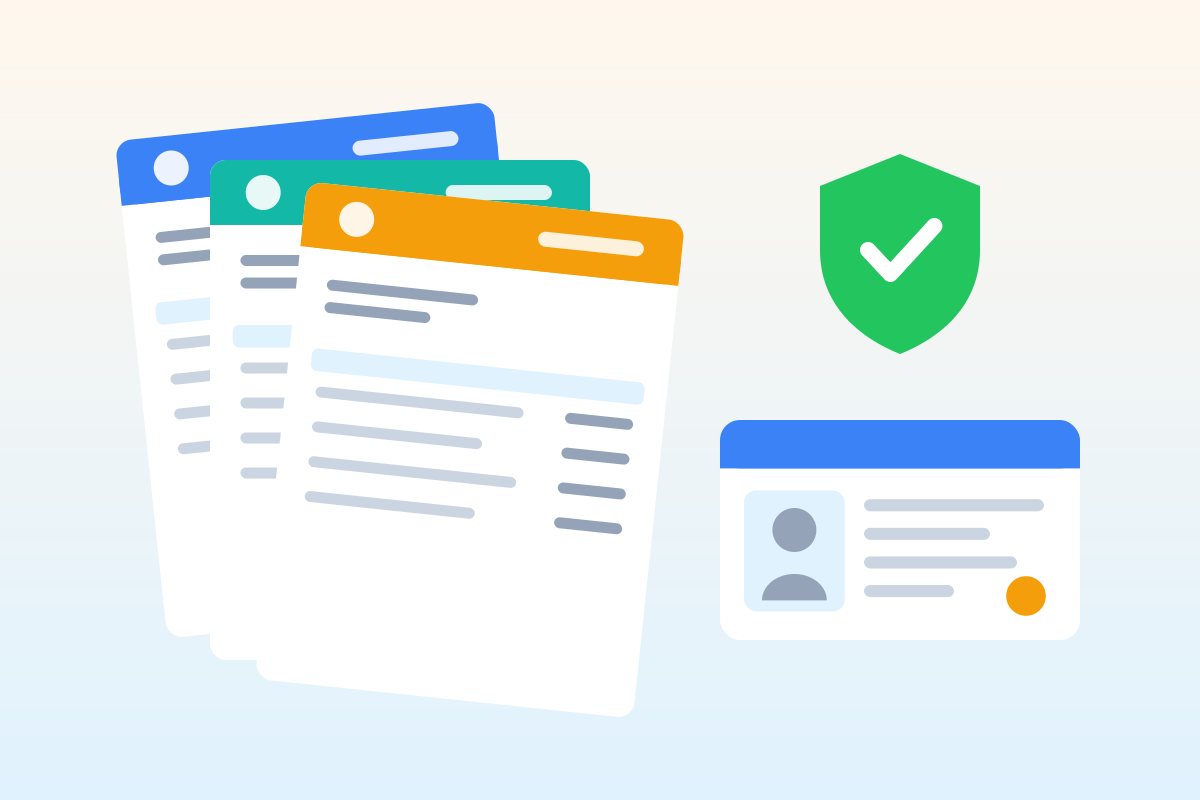 Flat illustration of stacked new-hire forms, an ID card and a green shield with a check mark, representing employee paperwork
