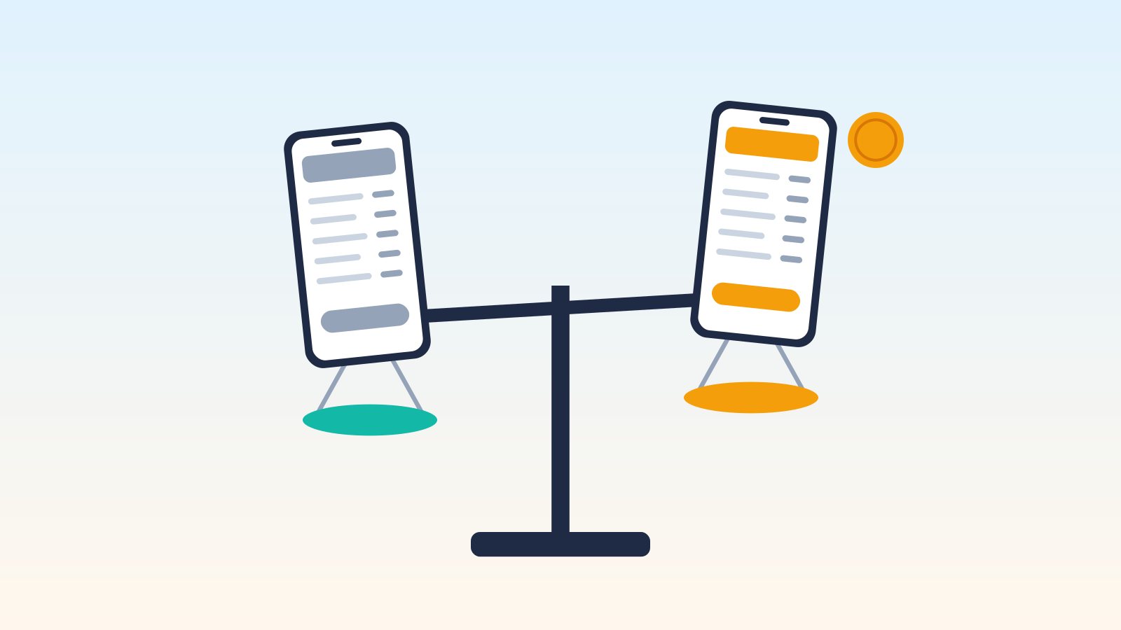 Flat illustration of a balance scale weighing a single coin against a stack of coins, representing free versus paid invoicing apps