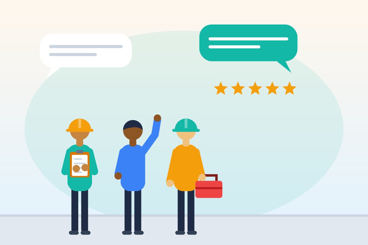 Flat illustration of three tradespeople talking, with speech bubbles and a five-star rating, representing referrals and word of mouth