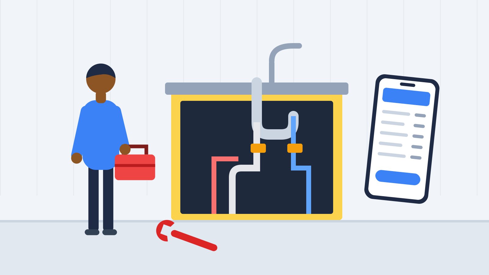Flat illustration of a plumber with a toolbox next to an open under-sink cabinet with supply and drain pipes, and a phone showing a plumbing invoice