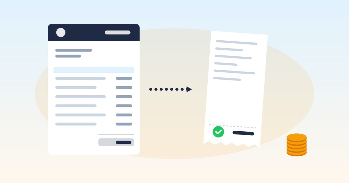 Flat illustration of a full-size invoice on the left and a narrow paper receipt with a green check mark on the right, connected by an arrow