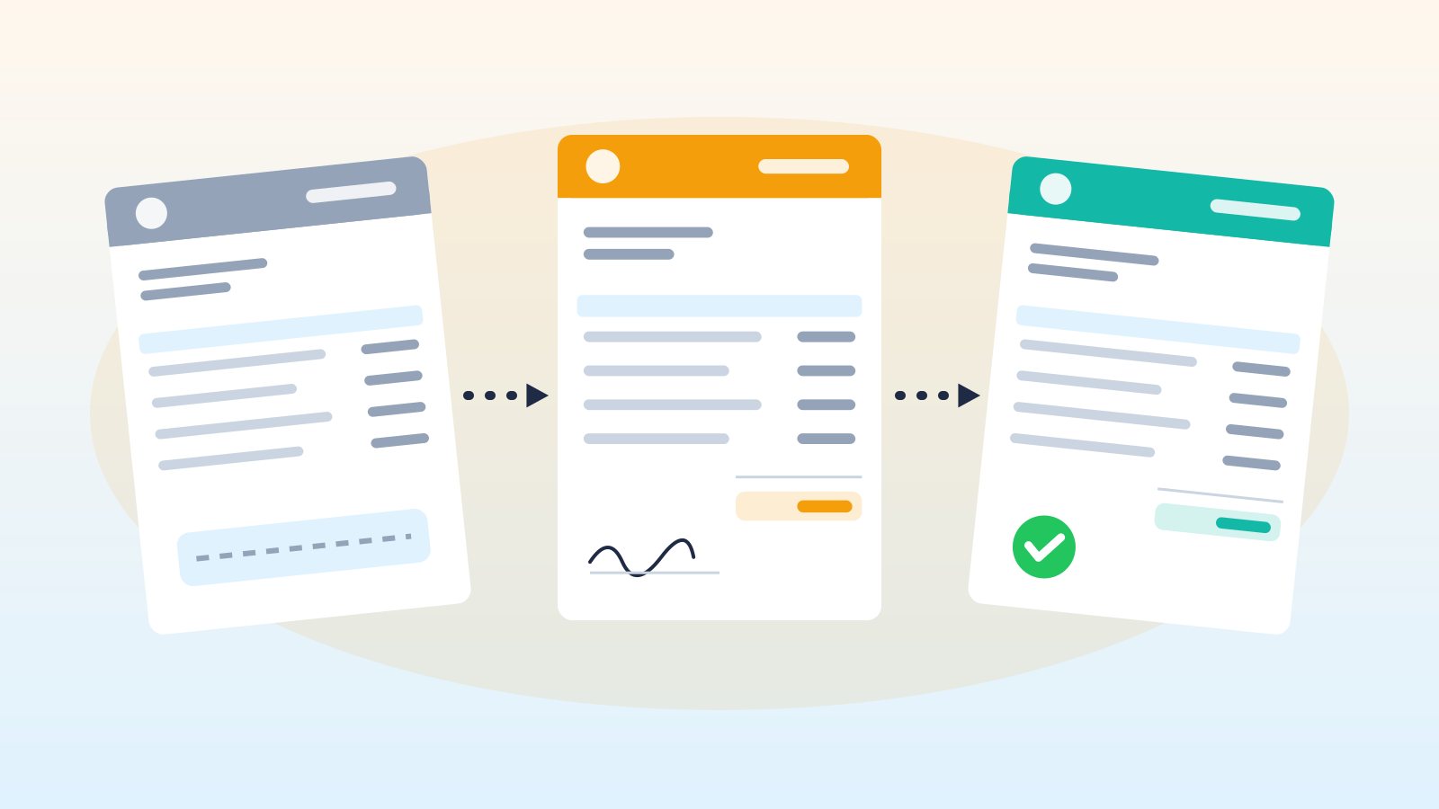 Flat illustration of three documents in a row connected by arrows: a draft estimate, a signed quote and a paid invoice with a green check mark