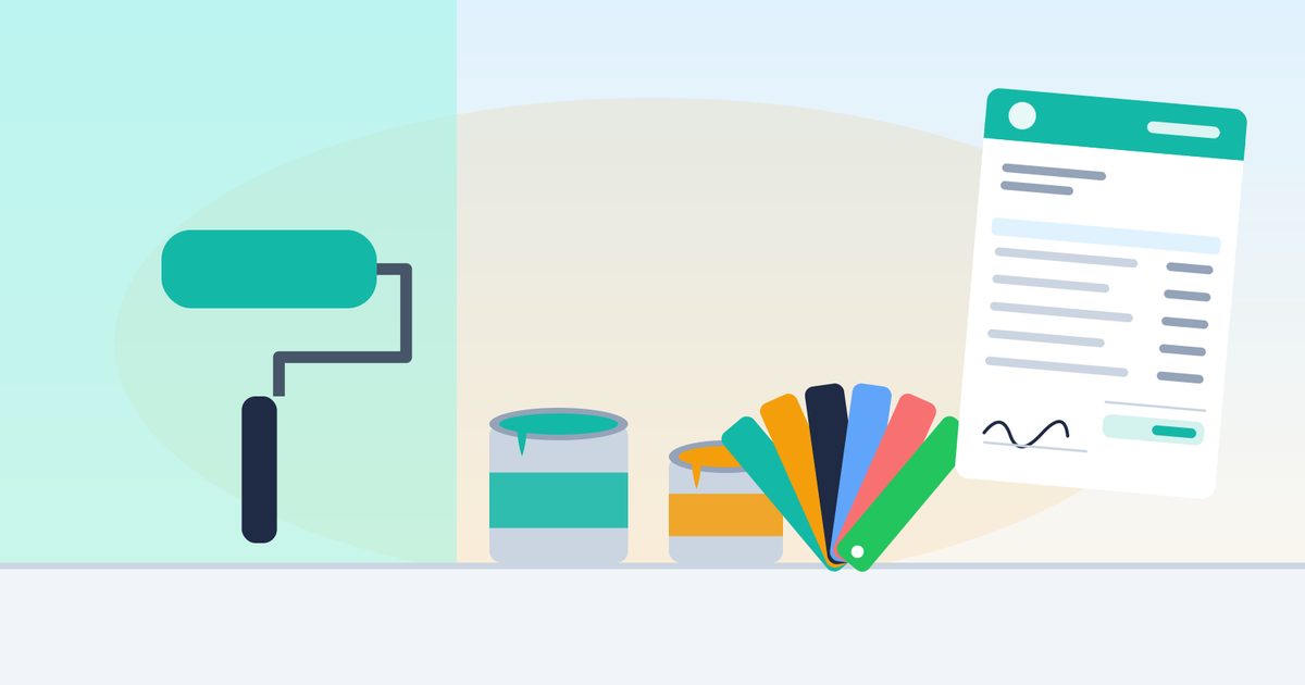 Flat illustration of a paint roller, two open paint cans, a fan of color swatches, and an itemized invoice