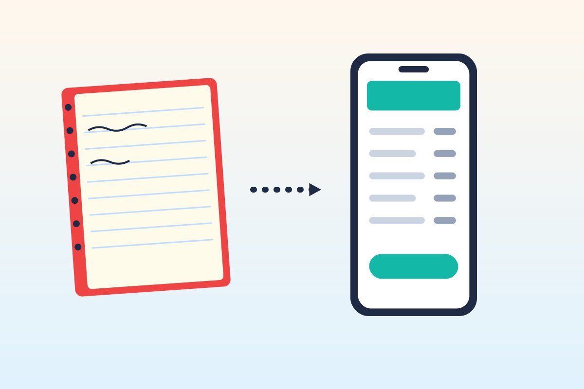 Flat illustration of a paper invoice book next to a smartphone showing an invoice with a green check mark