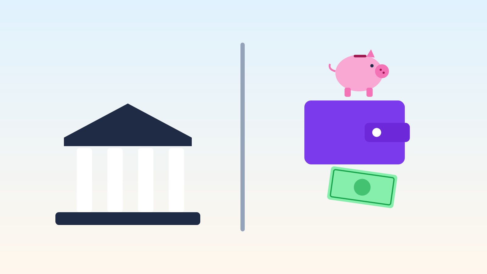 Flat illustration of a bank building on one side of a dividing line and a personal wallet, cash and piggy bank on the other