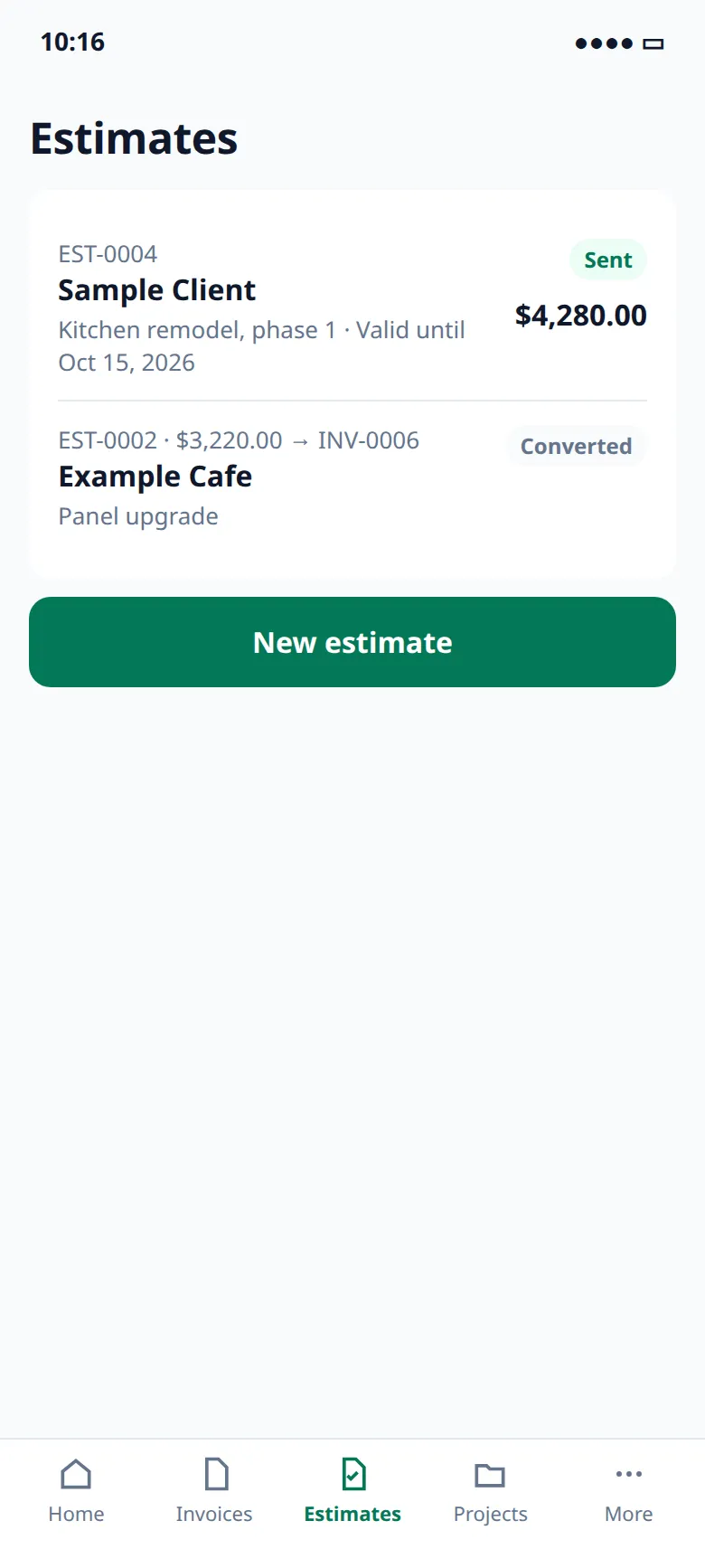 The Estimates list: a sent kitchen remodel quote and a converted panel upgrade